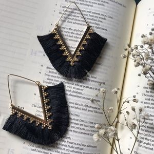 SOLD - Midnight Black V Shape Fringe Earrings